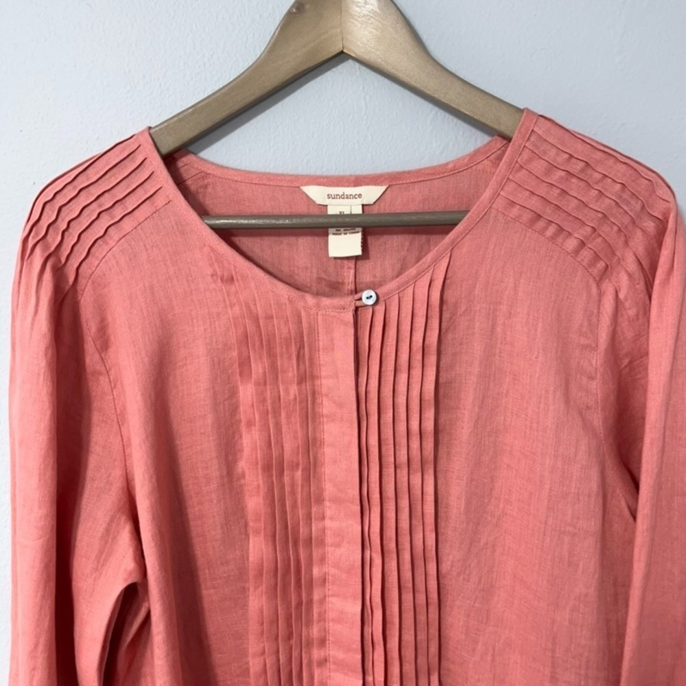 Sundance Linen Dress XL Coral Pintuck Drop-Waist Long Sleeve Side Seam Pockets - Picture 4 of 12